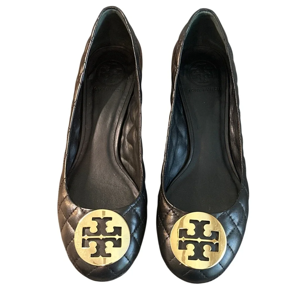 Tory Burch Claire Quilted Block Heel Pumps Black Gold Logo Leather Size 8